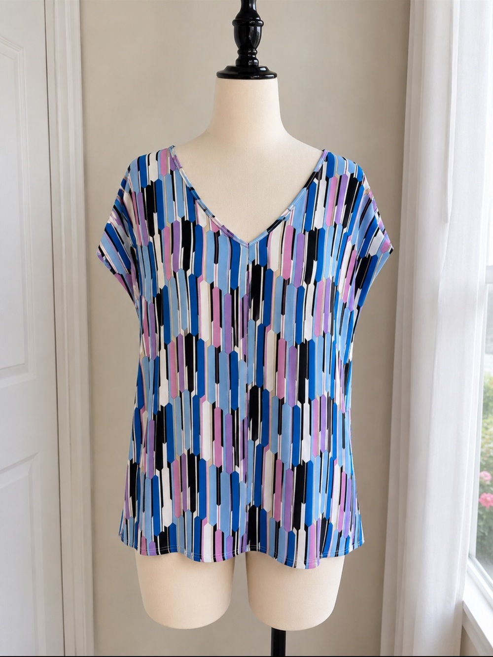 V-Neck Printed Short Sleeve Blouse in Blue and Pink